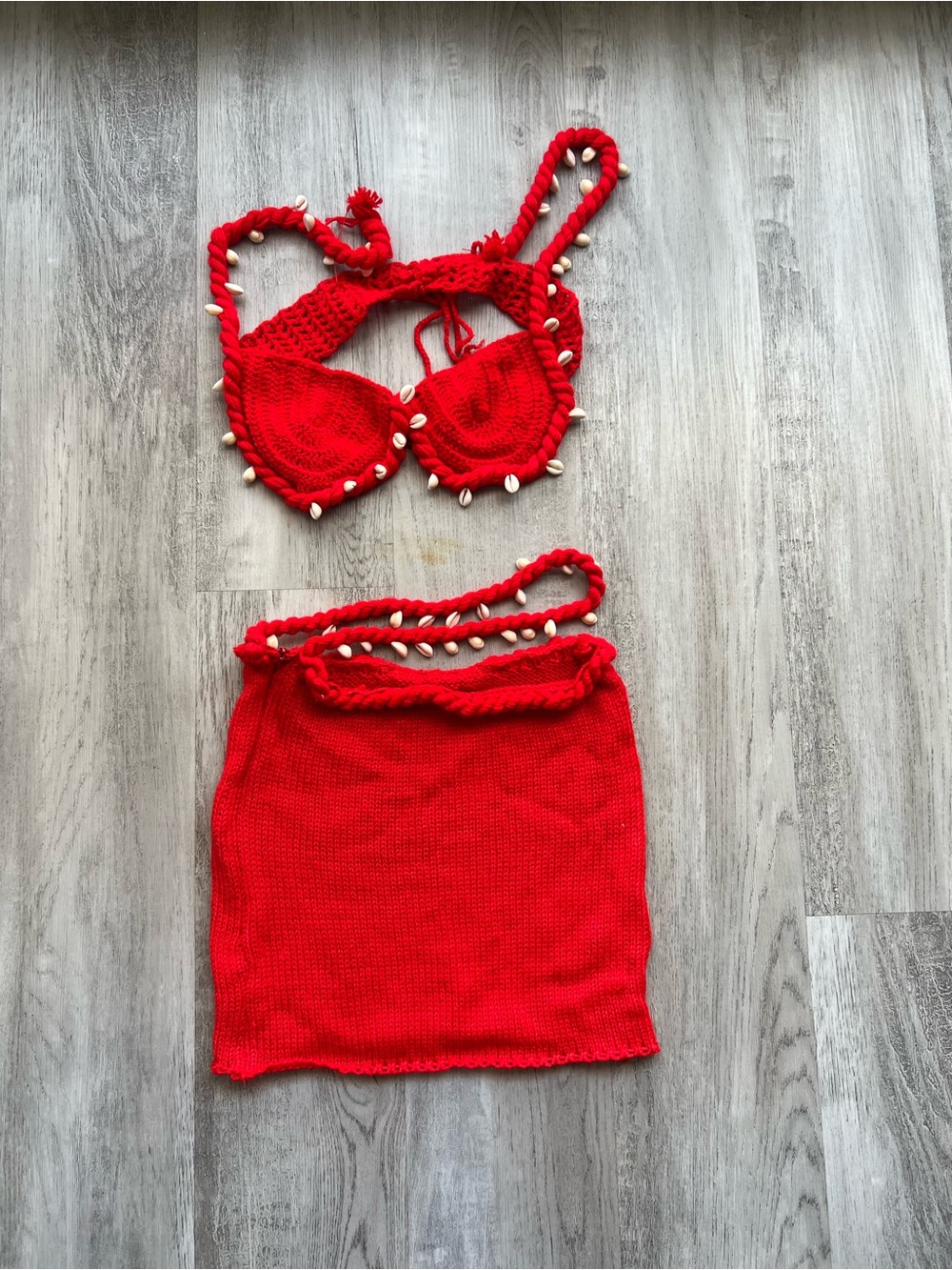 Red Crochet Bikini Top and Skirt Set with Shell Accents